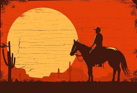 Premium Vector | Silhouette of cowboy riding horse at sunset on a ...