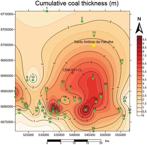 Trend surface map estimating the cumulative coal seam thickness within ...