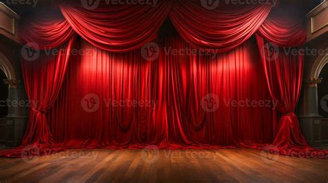 Dramatically Lit Lustrous Red Velvet Theatre Curtains and Wooden Stage Floor. Generative AI ...