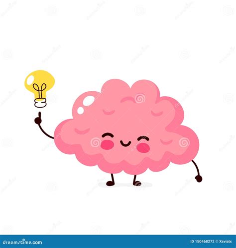 Happy Cute Brain with Lightbulb Character Stock Vector - Illustration ...