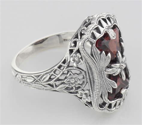 Antique Style Garnet Filigree Ring with Flower Design - Sterling Silver FR-1311-G Silver Mine ...