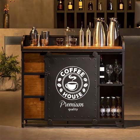 a coffee shop with an open cabinet filled with bottles and glasses