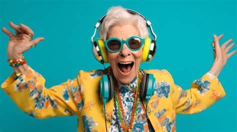 Premium AI Image | Cool grandma in stylish sunglasses is listening to music in headphones old ...