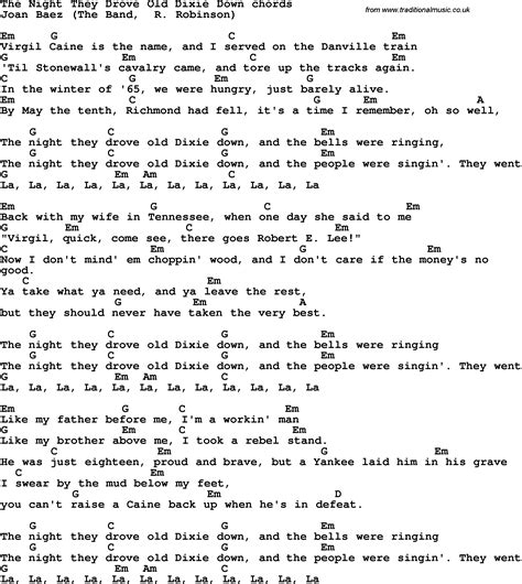 Song lyrics with guitar chords for The Night They Drove Old Dixie Down