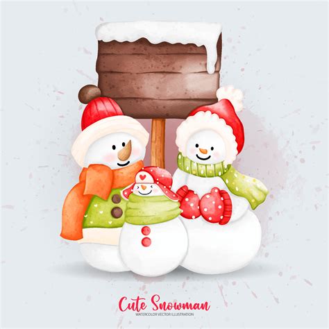 Watercolor Christmas snowman with wood sign. Digital paint watercolor ...