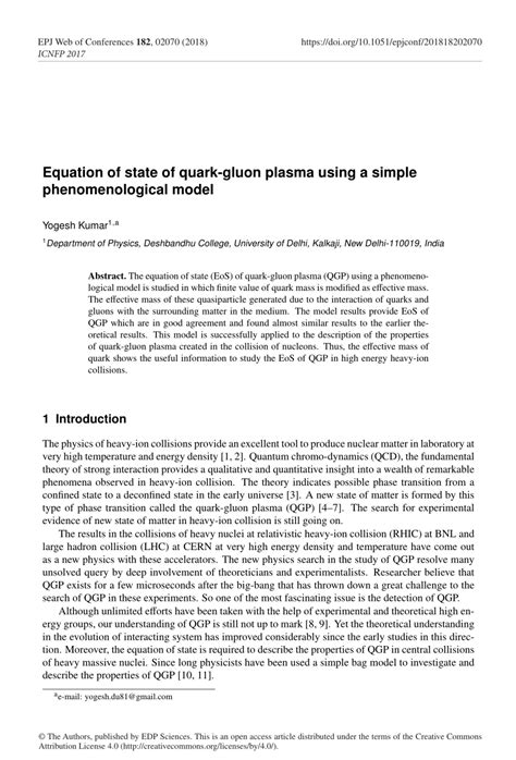 (PDF) Equation of state of quark-gluon plasma using a simple phenomenological model