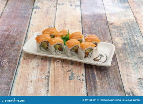 California Uramaki Sushi Platter with Norwegian Salmon, Nori Seaweed, Stock Image - Image of ...