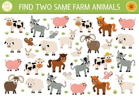 Premium Vector | Find two same farm animals on the farm matching ...