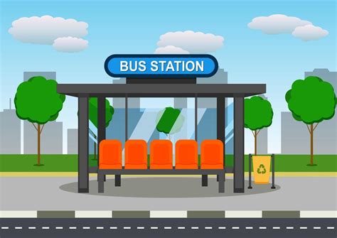 Bus Stop Station Vector Flat Design. Bus Stop With Cityscape In Background 19812548 Vector Art ...