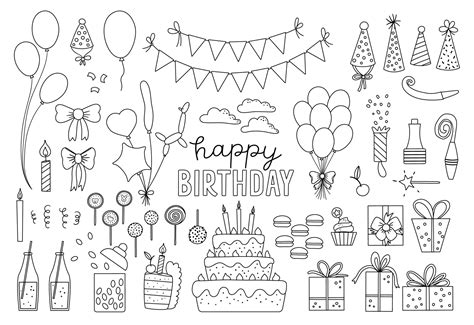 Set of cute black and white Birthday design elements. Party celebration ...