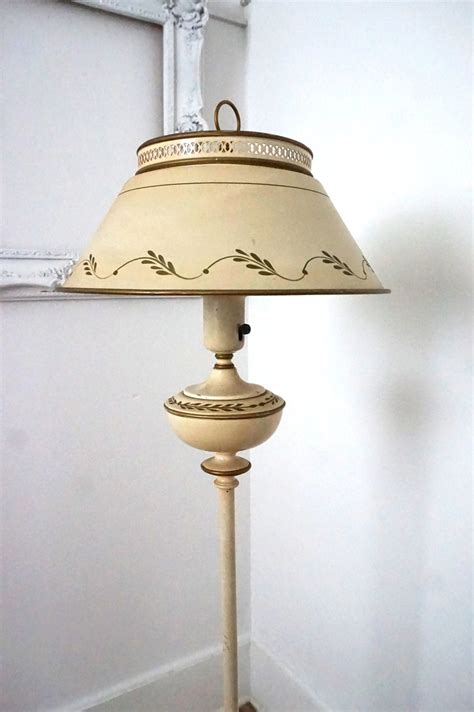 Vintage Ivory Tole Painted Floor Lamp with Metal Shade