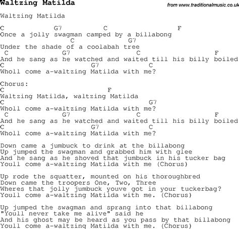 Childrens Songs and Nursery Rhymes, lyrics with easy chords for Waltzing Matilda