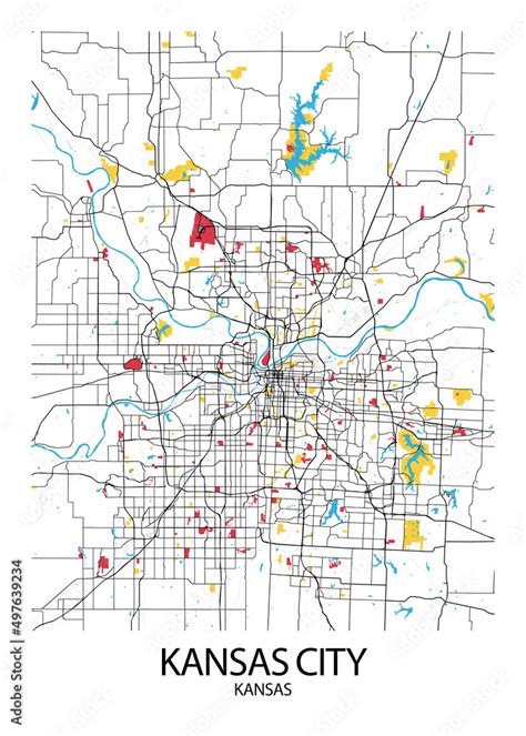 Poster Kansas City - Kansas map. Road map. Illustration of Kansas City ...