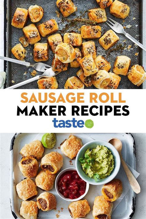 sausage roll maker recipe on a tray with other appetizers in the background and text overlay ...