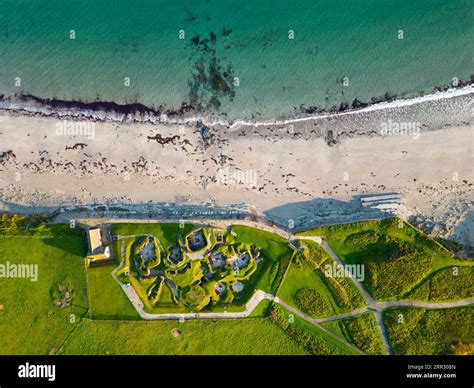 Aerial view of Skara Brae stone-built Neolithic settlement, located on ...