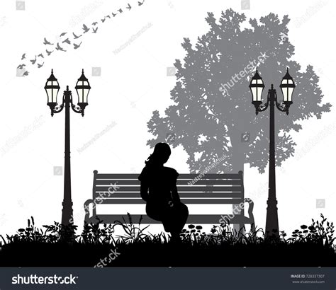 Silhouette Girl Sitting On Bench Stock Vector (Royalty Free) 728337307 ...