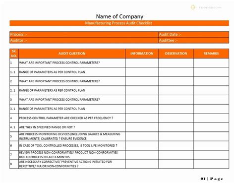 Internal Audit Checklist Template Excel