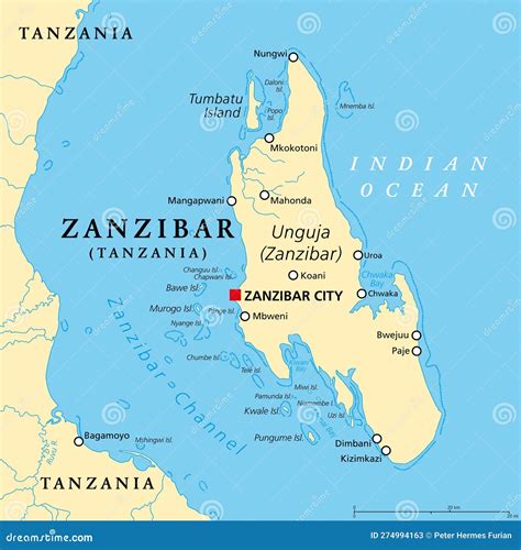 Zanzibar Island, Unguja, Tanzania, in the Indian Ocean, Political Map Stock Vector ...