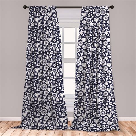 Navy Blue Curtains 2 Panels Set, Multi Designed Pattern with Hearts Butterflies Leafs and Dots ...