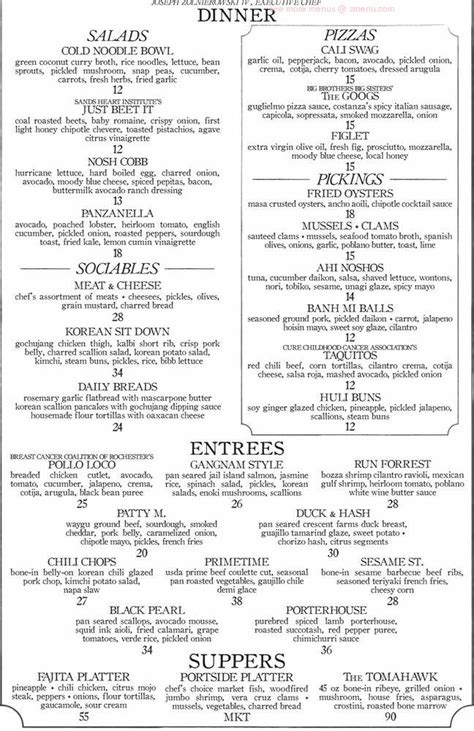 Menu at Nosh restaurant, Rochester