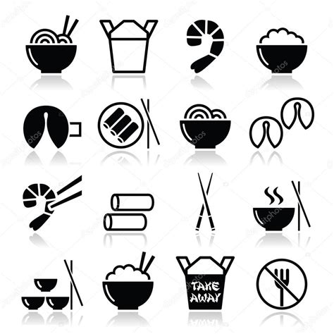 Chinese take away food icons - pasta, rice, spring rolls, fortune ...
