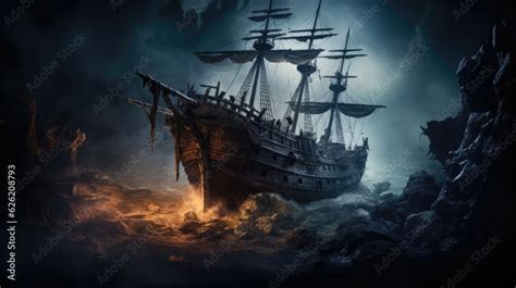 Haunted shipwreck emerging from the misty ocean. Halloween concept for nautical-themed ...