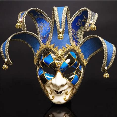 Full Face Men Venetian Theater Jester Joker Masquerade Mask With Bells Mardi Gras Party Ball ...