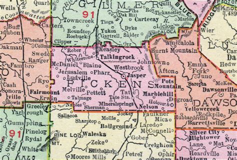 Pickens County, Georgia, 1911, Map, Jasper, Nelson, Talking Rock ...