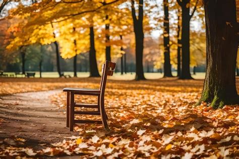 Premium AI Image | a wooden chair in a park with autumn leaves on the ground