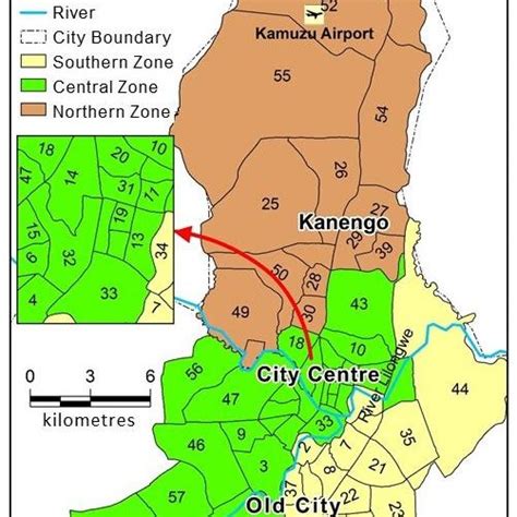 Map of Lilongwe showing areas and administrative zones of Lilongwe ...