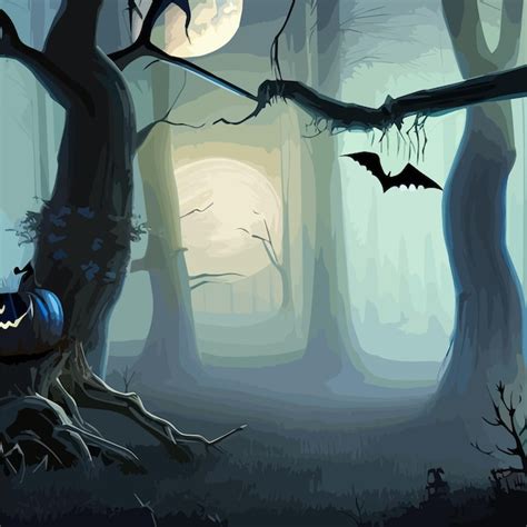 Premium Vector | Dark forest halloween background with bats trees ...