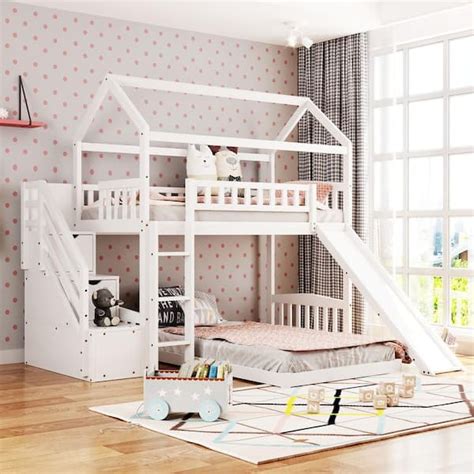 Harper & Bright Designs White Twin Over Twin Wood House Bunk Bed with 2-Drawers, Stairs and ...