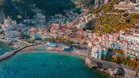 Aerial view of a touristic beach at Amalfi Coast during the summer, Province of Salerno, Italy ...