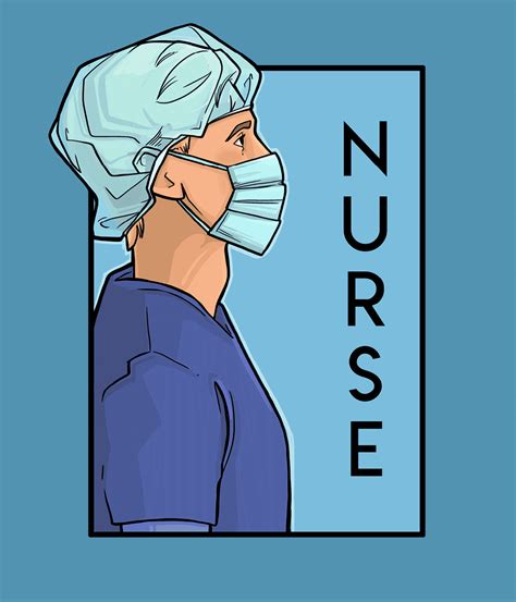 a man wearing a surgical mask and scrubs his face with the word nurse in front of him