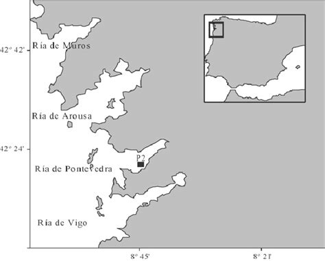 Map of the Galician Rías Baixas (NW Spain), and location of the... | Download Scientific Diagram