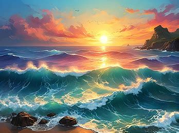 Ocean Sunset Art Ai Wave Sea Background, Ocean Sunset, Wave Sea, Ocean Background Image And ...