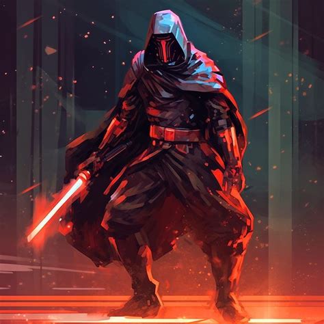 a star wars character holding a red light saber in his hand with snow falling around him