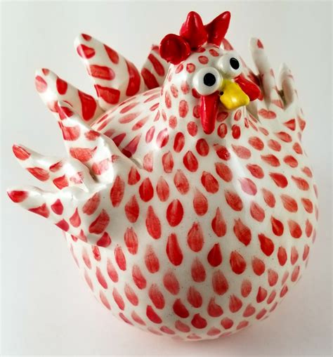 Whimsical Chicken Sculpture Red and White | Artworks by Karen Fincannon