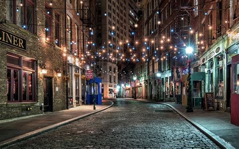 New York, old town, street, colorful lights, night, Old Town, Light ...