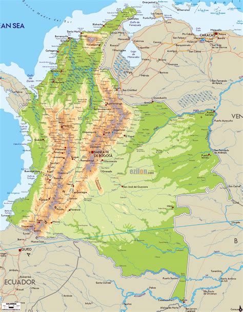 Detailed physical map of Colombia with roads, cities and airports | Colombia | South America ...