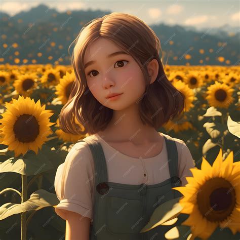 Premium Photo | Cute cartoon girl standing on yellow sunflower field background wallpaper ...