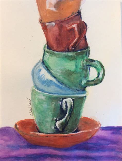 Stacked Up, coffee cup art, original watercolor painting, coffee lover art, kitchen wall art ...