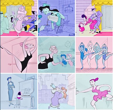 cartoon characters in various poses and colors, including one woman with her arms out to the side