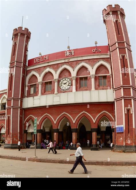 Delhi, India - April, 2014: Old Delhi railway station (Delhi Junction) building made with red ...