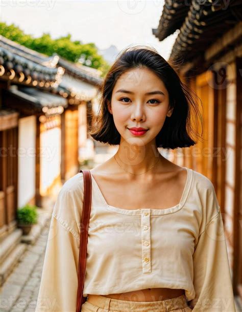 AI generated photo of beautiful asian woman with in traditional local house building, generative ...