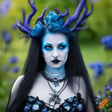 Pretty blue dragon goth woman in a flower garden