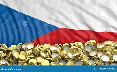 Golden Beer Caps Pile On Czech Republic Flag Backgroun. 3d Illustration ...