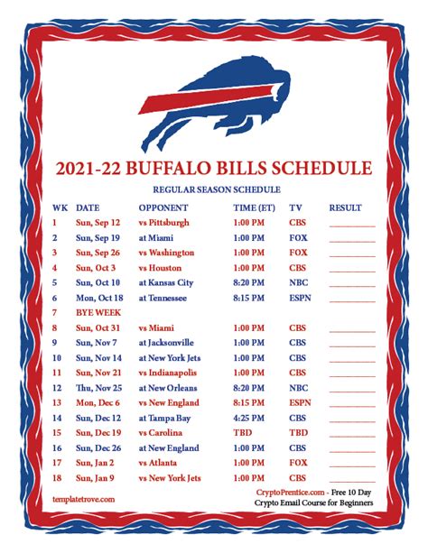 Printable 2021-2022 Buffalo Bills Schedule