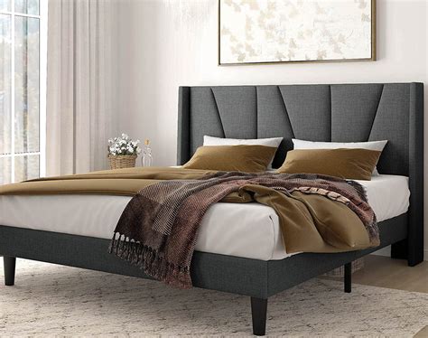 Amolife King Size Upholstered Platform Bed Frame with Wingback & Geometric Headboard, Dark Grey ...