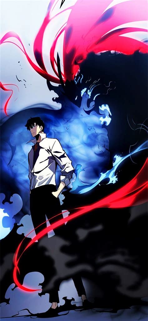 an anime character standing in front of a red and blue swirly ...